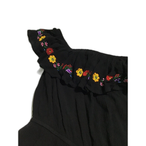 Forever 21 Floral Embroidery Ruffle Black Romper MED - Picture 2 of 5